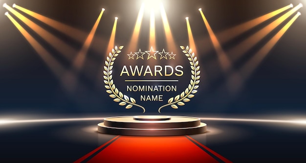 Awards nomination name podium golden prize event scene star ceremony Vector