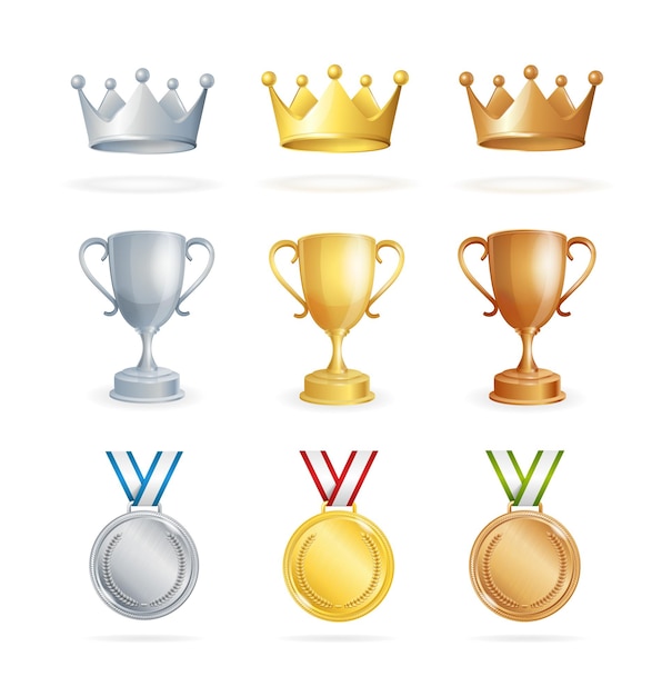 Vector awards set. three places winners. crown, cup and medal. vector illustration