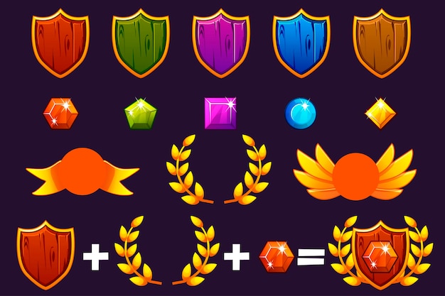 Vector awards shield and gems set, constructor to create kit different awards. for game, user interface, banner, application, interface, slots, game development. vector objects on a separate layer.