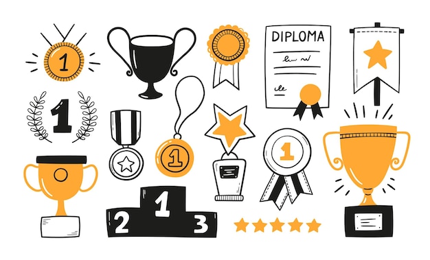 Awards trofee cups eerste plaats medailles en podium winnaars set Doodle gouden medaille en kampioen trofee cup Hand getrokken award decoratieve pictogrammen vectorillustraties geïsoleerd op witte achtergrond