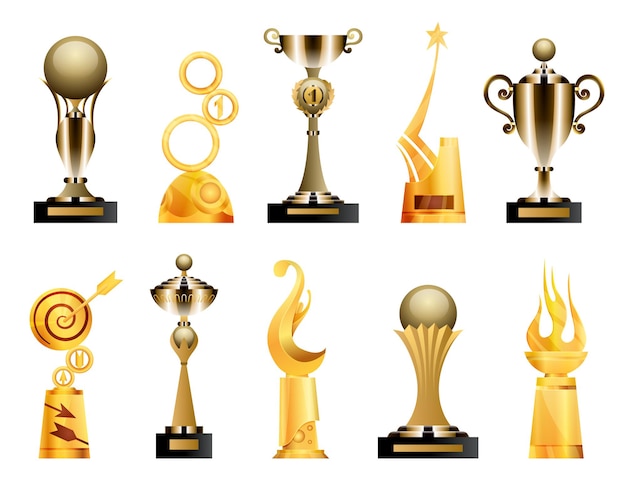 Awards and trophy cups. triumph sport awards and prizes, winner trophy gold cup illustration. best competition achievements. awards in different shapes.