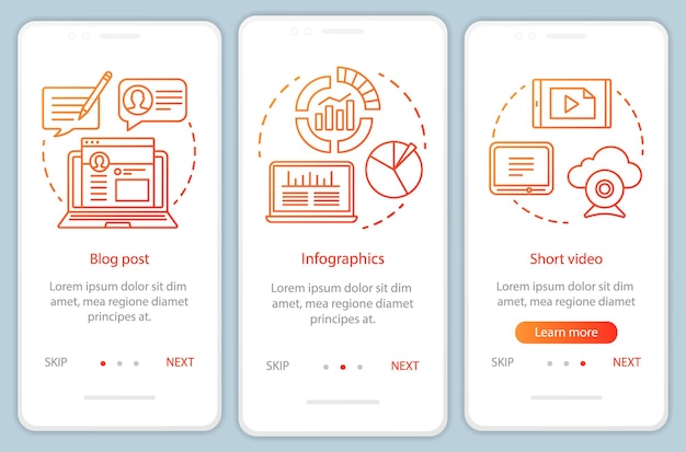 Awareness content orange onboarding mobile app page screen vector template Visual media content walkthrough website steps with linear illustrations UX UI GUI smartphone interface concept