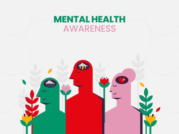 Awareness Mental Health Day Poster Design With Cartoon Mentally People And Floral On Gray Background