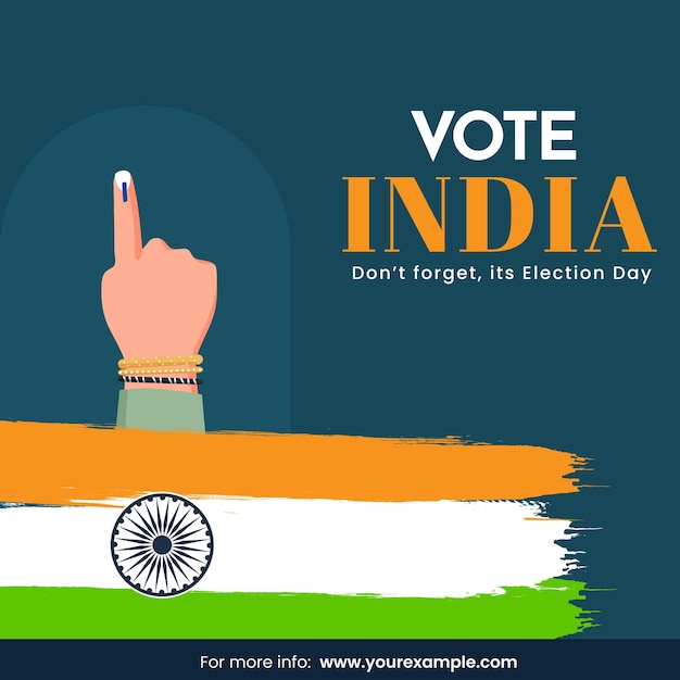 Disegno di poster di consapevolezza con messaggio dato come vote india non dimenticare il giorno delle elezioni votare con il dito e il pennello la bandiera indiana su uno sfondo di teal