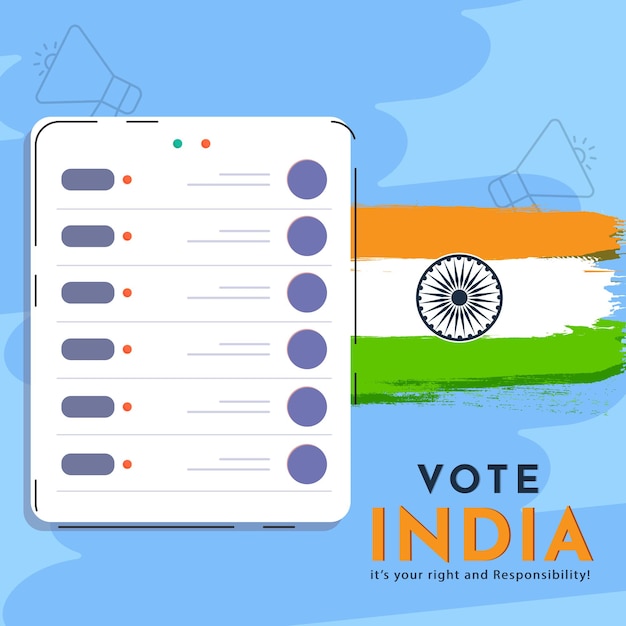 벡터 보트 인디아 (vote india) 는 당신의 권리와 책임입니다. 파란색 배경에 인도 발과 투표 기계의 브러쉬 스트로크.
