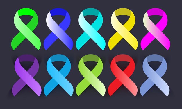 Vector awareness ribbon set in different color health cancer disease vector illustration