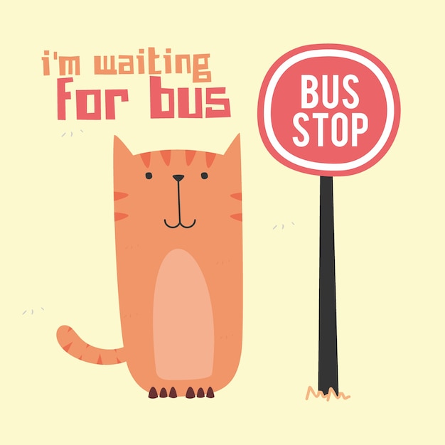 Awesome doodle cute cat waiting for bus