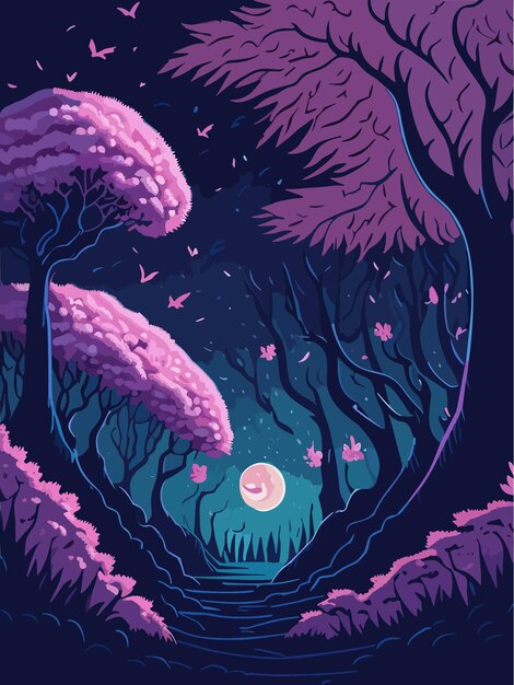 Vector the awesome view of the forest in purple artwork wallpaper illustration