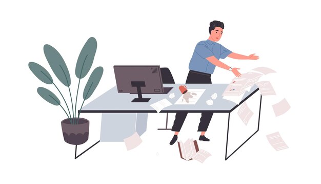 Awkward employee standing at office desk with papers falling down on floor. Concept of chaos and mess at work. Colored flat cartoon vector illustration of tired and clumsy worker isolated on white.