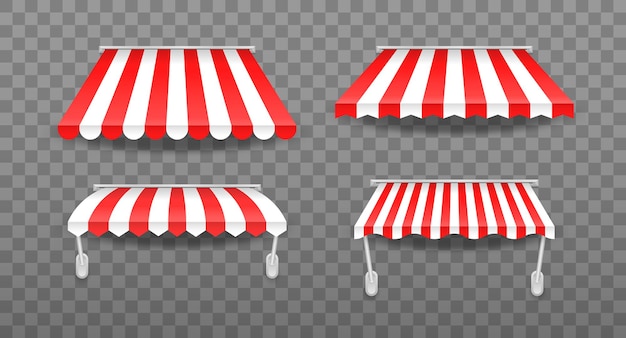 Awnings of different shapes with shadows striped colorful awnings for shop