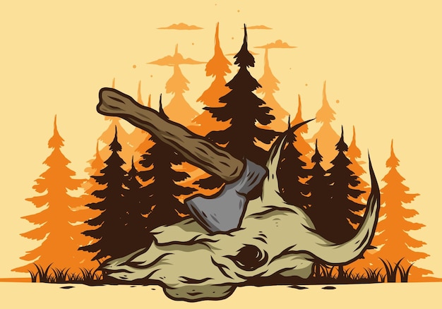 An ax stuck in a buffalo skull illustration