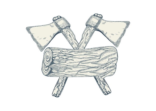 斧と木のスケッチスタイルのベクトル図