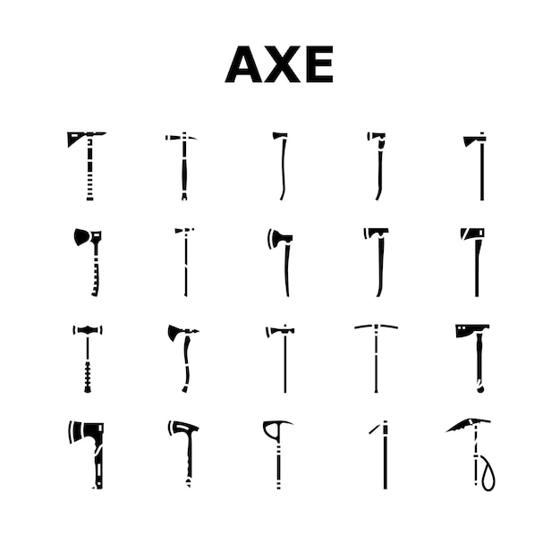 Axe ax hatchet wood weapon icons set vector