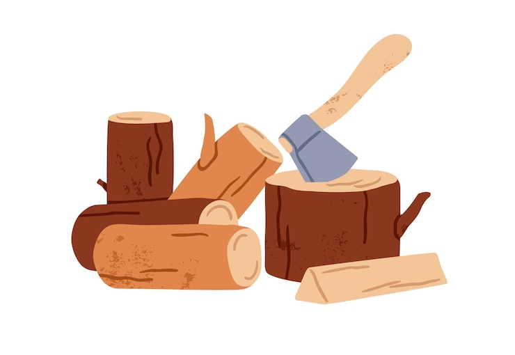 Vector axe and chopped wood logs firewood timber pile wooden lumber heap ax tool for cutting hardwood forest survival country activity rural flat vector illustration isolated on white background