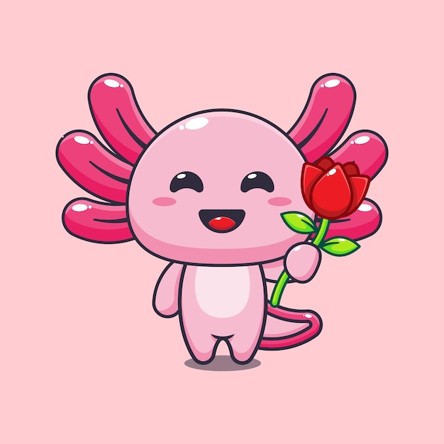 axolotl holding rose flower cartoon vector illustration
