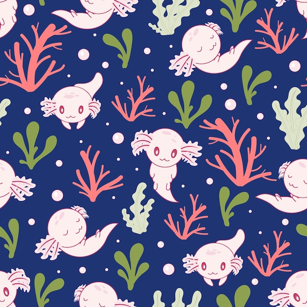 Axolotl seamless pattern with corals and seaweed