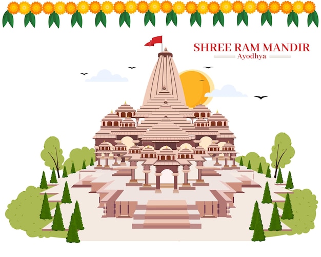 Vector ayodhya ram mandir spiritual hindu temple design plan