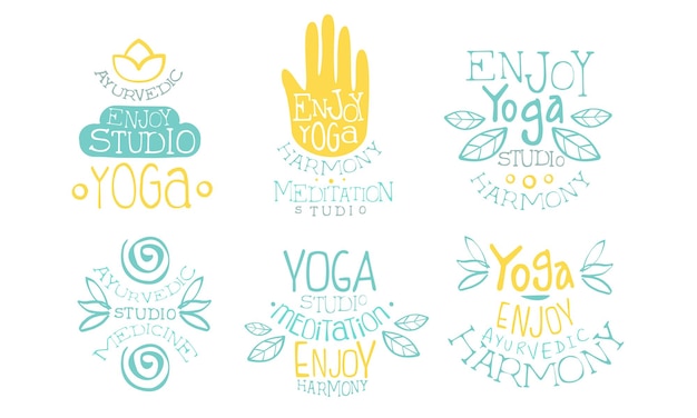 Ayurvedische geneeskunde studio labels set genieten van yoga harmonie meditatie studio handgetekende badges vector