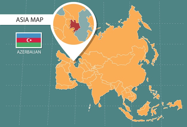 Mappa dell'azerbaigian in asia icone della versione zoom che mostrano la posizione e le bandiere dell'azerbaigian