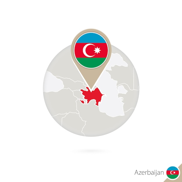 Azerbaijan map and flag in circle. Map of Azerbaijan, Azerbaijan flag pin. Map of Azerbaijan in the style of the globe. Vector Illustration.