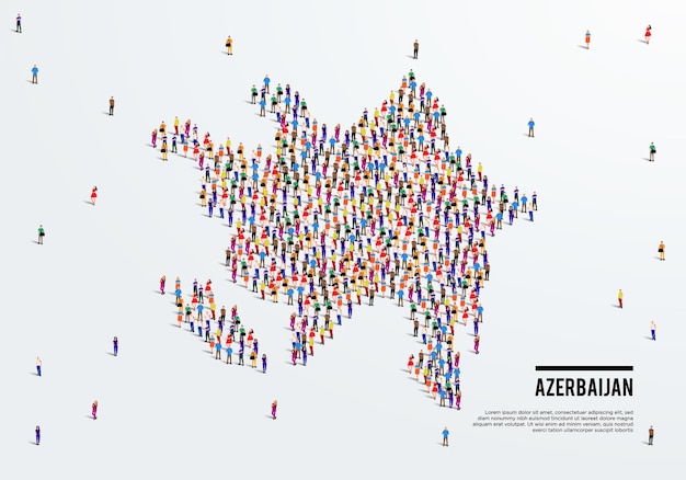 Mappa dell'azerbaigian. un grande gruppo di persone si forma per creare una forma della mappa dell'azerbaigian. illustrazione vettoriale.