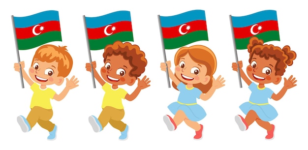 Azerbeidzjaanse vlag in de hand. kinderen die vlag houden. nationale vlag van azerbeidzjan