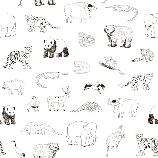 Azian animals panda tiger elephant vector linr seamless pattern