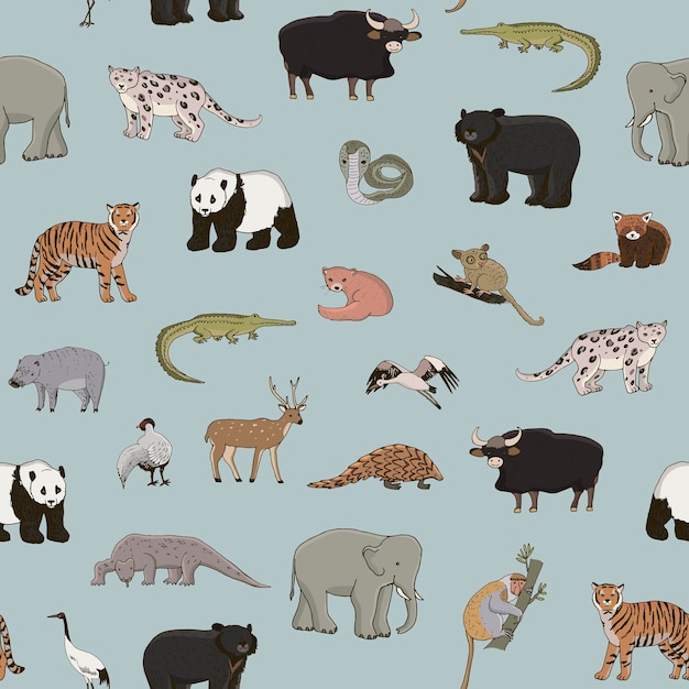 Azian animals panda tiger elephant vector seamless pattern