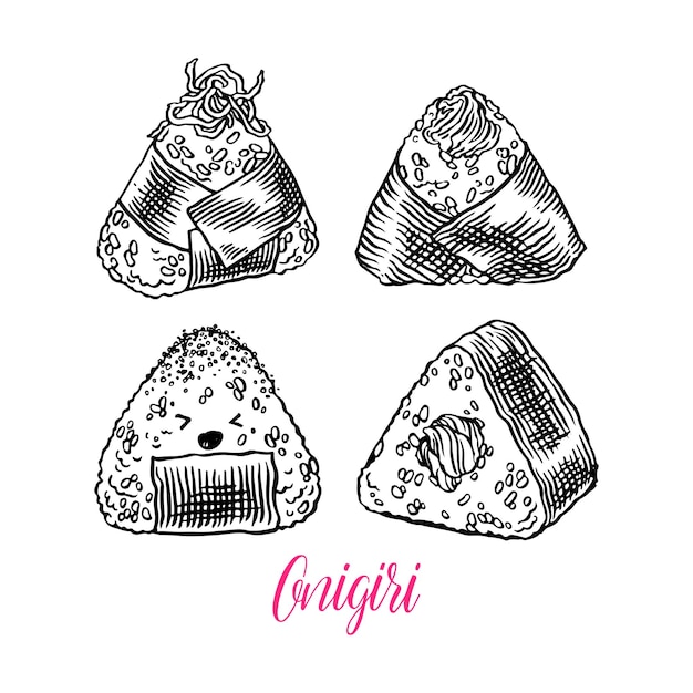 Aziatisch eten Leuke set van verschillende schets onigiri handgetekende illustratie