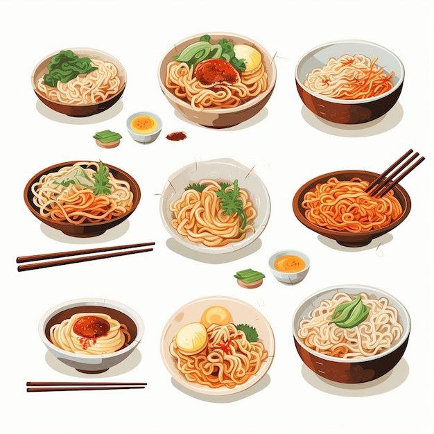 Vector aziatisch eten maaltijd ramen noodle chinees illustratie koken vector pasta menu ontwerp resta