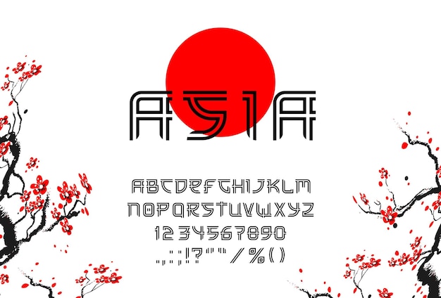 Aziatisch lettertype Japans type of hiëroglief lettertype vector oosters modern alfabet Japanse stijl typografie lettertype letters en teksttekens Aziatisch hiëroglief gezet of ABS-lettertype en Japans schrift