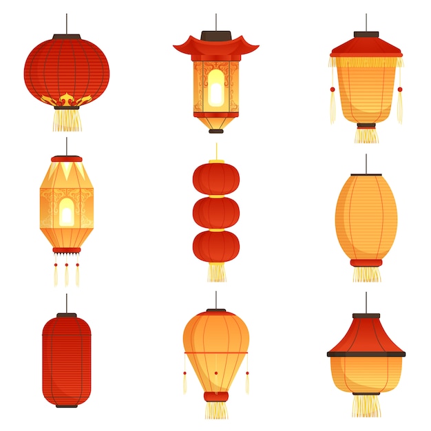 Vector aziatische cartoon lantaarns. chinese en chinatown festival papieren lantaarns s
