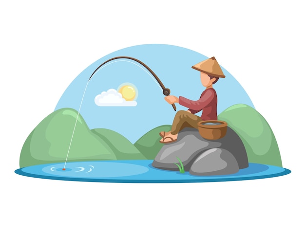 Aziatische dorp man zittend op een rots tijdens het vissen in de lake cartoon afbeelding vector