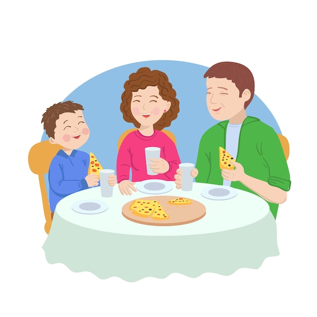 Aziatische familie eet pizza aan tafel Vader, moeder en zoon lachen vrolijk