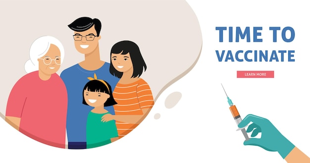 Aziatische familie vaccinatie conceptontwerp. tijd om banner te vaccineren - spuit met vaccin tegen covid