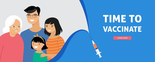 Vector aziatische gezinsvaccinatiebanner voor tijd om te vaccineren