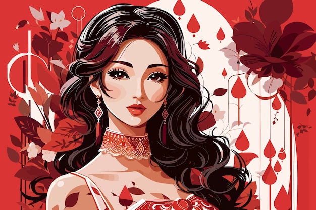Aziatische rode vrouw bloem illustratie