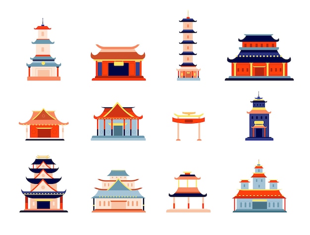 Aziatische stijl gebouwen chinese tempel gebouw traditionele pagode architectuur koreaans japan oosters huis oude mijlpaal volslagen vector set