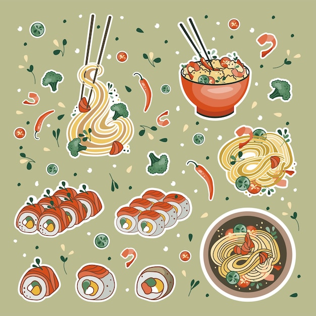 Aziatische voedselstickers Udon of ramen soepnoedels sushi en kom Geschikt voor logo's van restaurantbanners en advertenties voor fastfood Zeevruchten