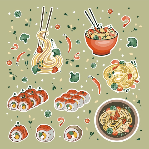 Aziatische voedselstickers udon of ramen soepnoedels sushi en kom geschikt voor logo's van restaurantbanners en advertenties voor fastfood zeevruchten