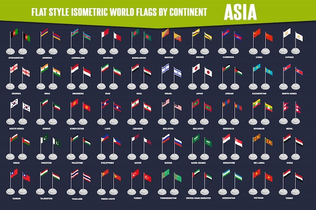 Vector azië land vlakke stijl isometrische vlaggen