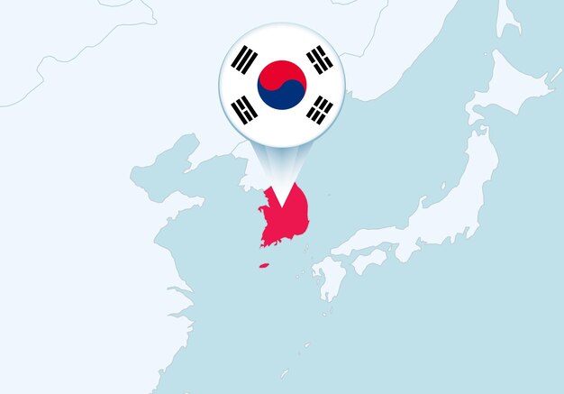 Azië met geselecteerde kaart van Zuid-Korea en vlagpictogram van Zuid-Korea