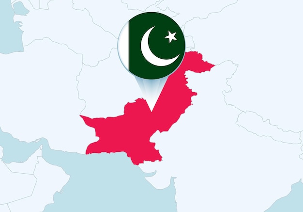 Azië met geselecteerde Pakistaanse kaart en Pakistaanse vlagpictogram