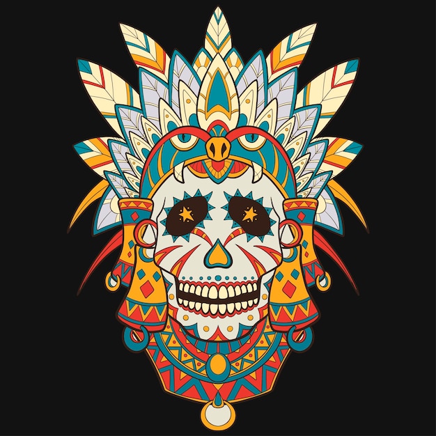 Aztec indian death skull tattoo vector illustration