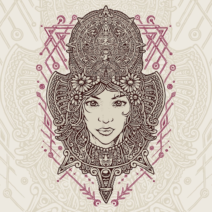 Vector aztec mistress lady monolines illustration