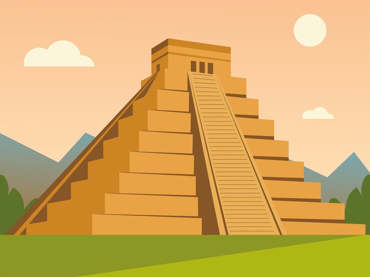 Vector aztec pyramid traditional culture in landscape illustration