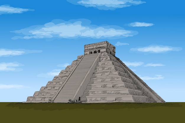 Vettore piramide di pietra azteca con gradini schizzo a matita di colore