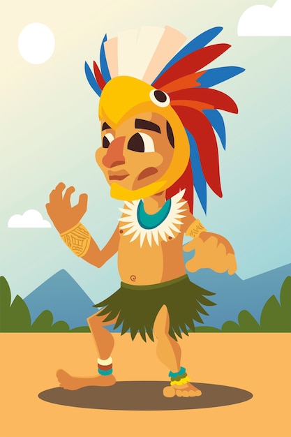 Ацтекский воин в традиционной одежде и головном уборе пейзажная иллюстрация