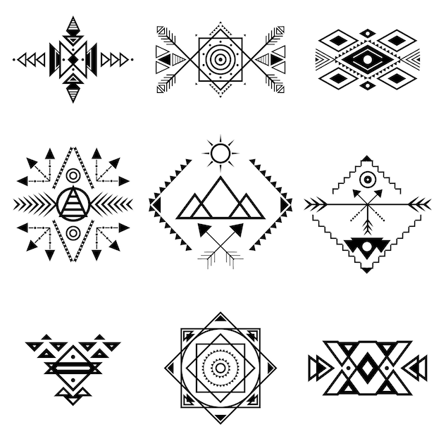 Azteekse stijl Ornament zwarte dunne lijn Icon Set Vector