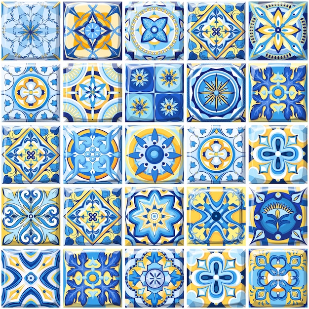 Вектор Плитка azulejo средиземноморская португальская и испанская бесшовная керамическая мозаика